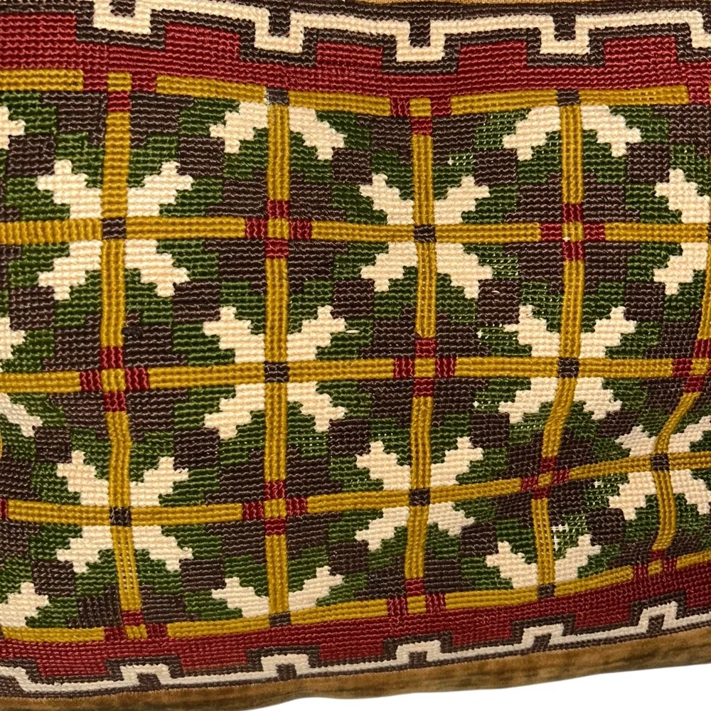 antique needlepoint earthy browns velvet backed pillow